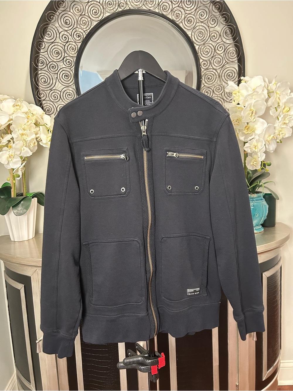 Calvin Klein Black Zip-Up Knit Jacket with Chest Zip Pockets